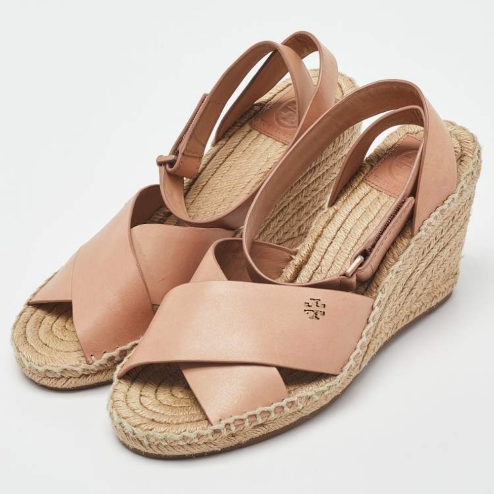 Tory Burch Wedge Bima Espadrille Pink Nude Leather Size 8